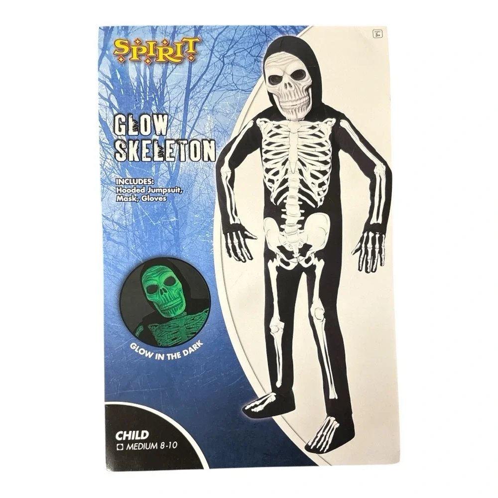 Spirit Glow In Dark Skeleton Child M 8-10 Halloween Costume Hooded Jumpsuit Mask